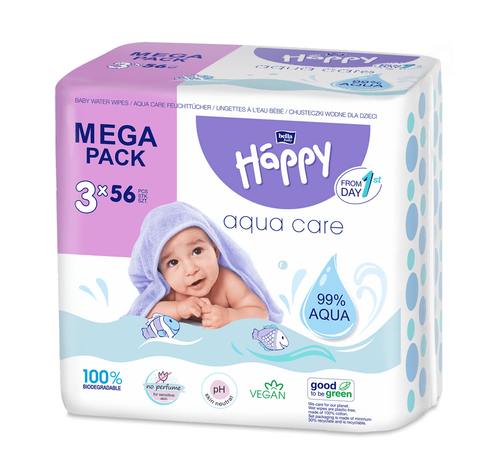 Bella Happy Baby mega pack čistiace obrúsky Aqua care 3 x 56 ks